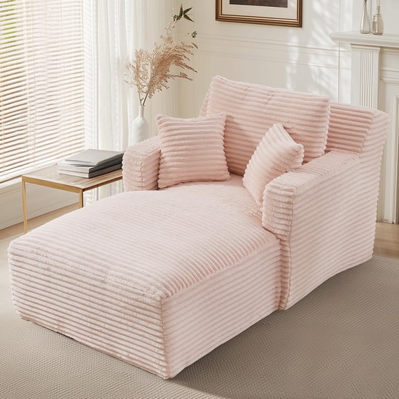 GNIXUU 65.4" Oversized Chaise Lounge Chair Indoor, Modern Corduroy Couch, Comfy Upholstered Boneless Sleeper Sofa with 3 Throw Pillows, Fluffy Reading Chairs Bed for Living Room,Pink