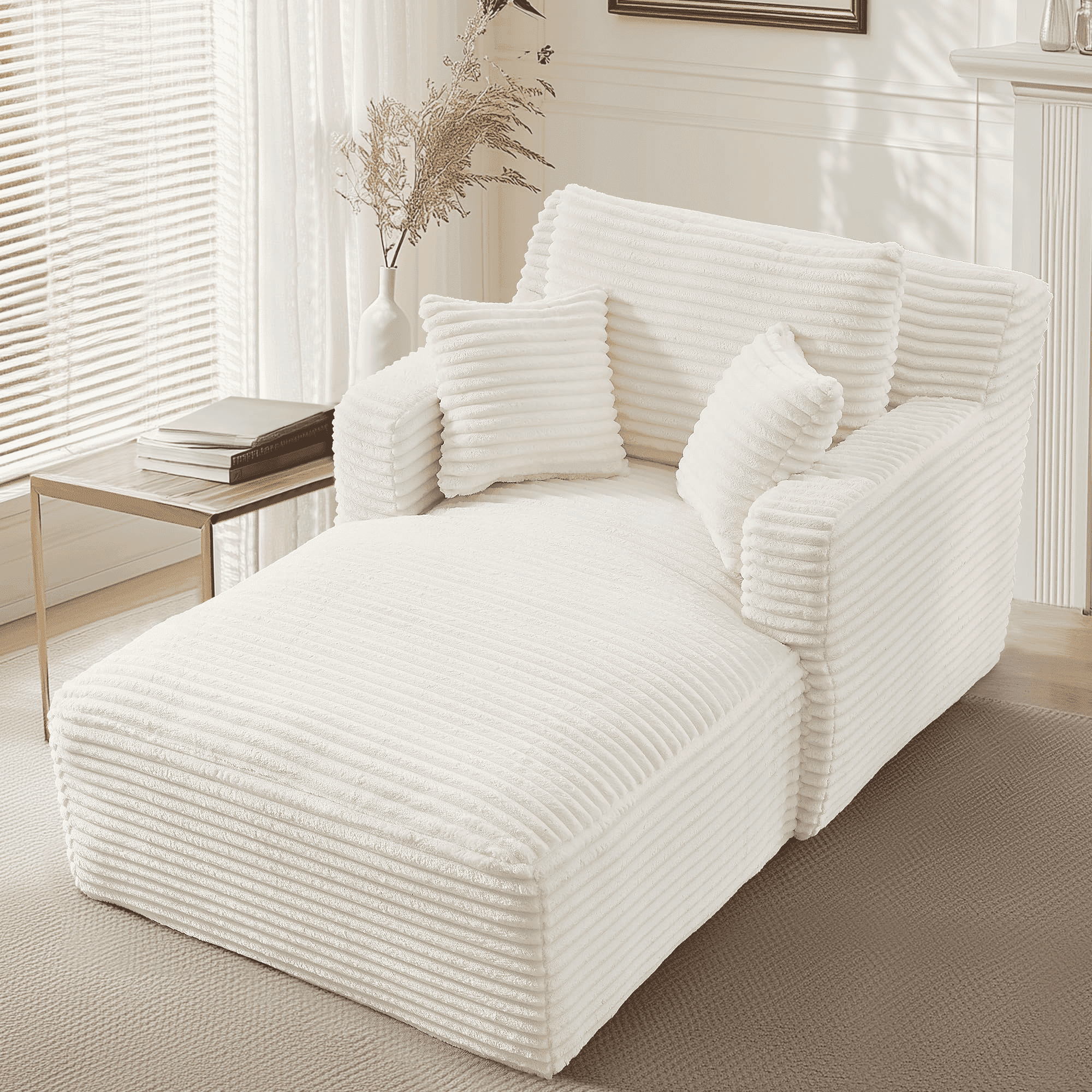 GNIXUU 65.4" Oversized Chaise Lounge Chair Indoor, Modern Corduroy Couch, Comfy Upholstered Boneless Sleeper Sofa with 3 Throw Pillows, Fluffy Reading Chairs Bed for Living Room,Beige