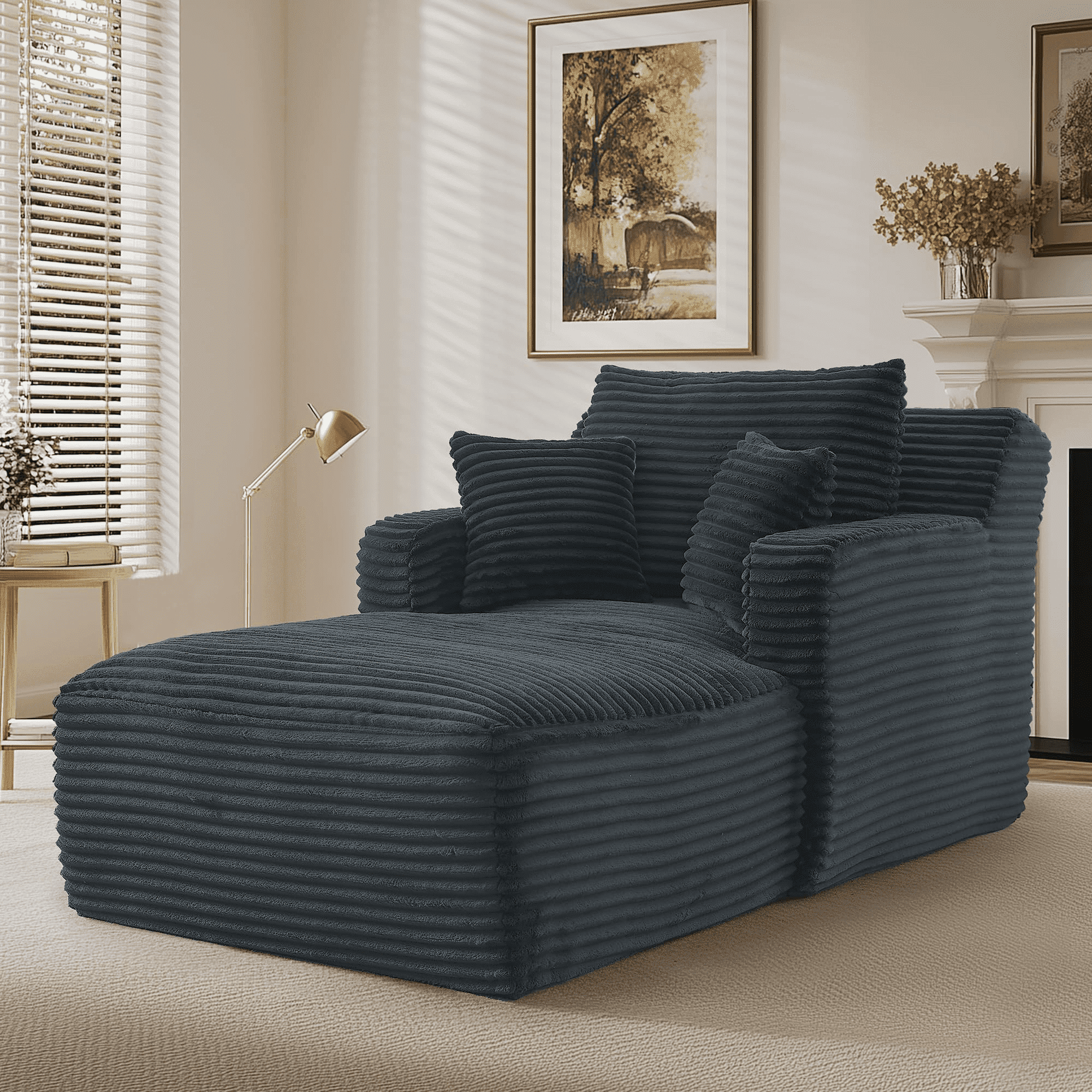 GNIXUU 65.4" Oversized Chaise Lounge Chair Indoor, Modern Corduroy Couch, Comfy Upholstered Boneless Sleeper Sofa with 3 Throw Pillows, Fluffy Reading Chairs Bed for Living Room,Gray