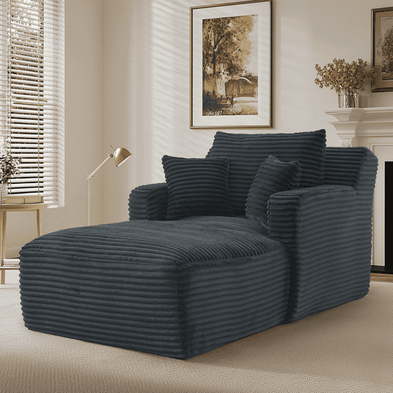 GNIXUU 65.4" Oversized Chaise Lounge Chair Indoor, Modern Corduroy Couch, Comfy Upholstered Boneless Sleeper Sofa with 3 Throw Pillows, Fluffy Reading Chairs Bed for Living Room,Gray
