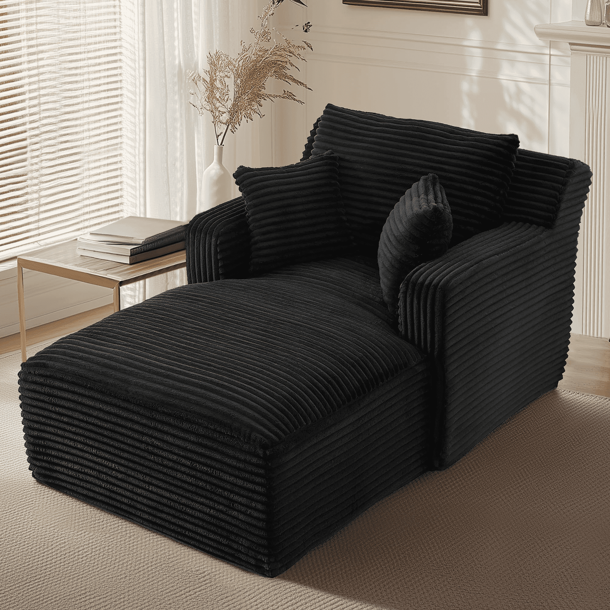 GNIXUU 65.4" Oversized Chaise Lounge Chair Indoor, Modern Corduroy Couch, Comfy Upholstered Boneless Sleeper Sofa with 3 Throw Pillows, Fluffy Reading Chairs Bed for Living Room,Black