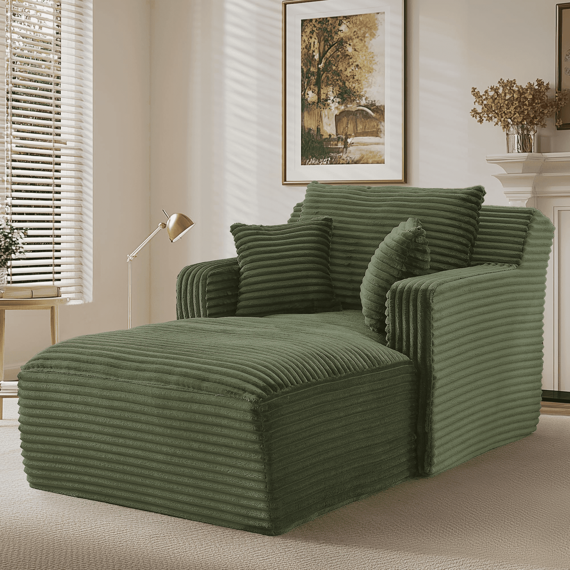 GNIXUU 65.4" Oversized Chaise Lounge Chair Indoor, Modern Corduroy Couch, Comfy Upholstered Boneless Sleeper Sofa with 3 Throw Pillows, Fluffy Reading Chairs Bed for Living Room,Green