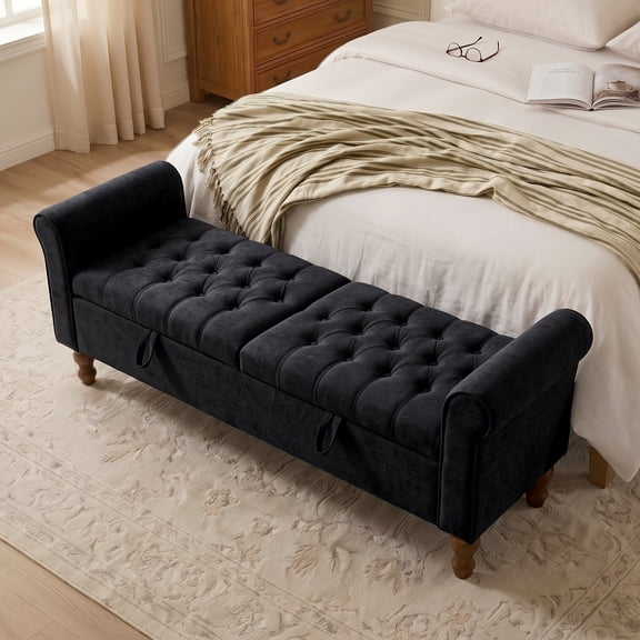 GNIXUU 65.7" King Size Storage Bench, Tufted End of Bed Ottoman with Dual Lids, Rolled Armrest & Wood Legs for Bedroom Living Room Entryway, Black
