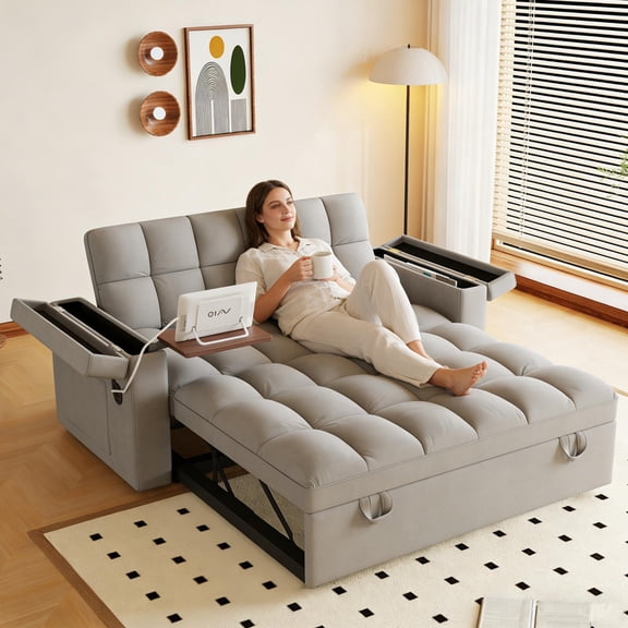 GNIXUU 65" Sleeper Sofa Bed, 3-in-1 Convertible Pull Out Couch with USB Charging, Hidden Computer Desk, Storage Armrests, Soft Velvet Fabric for Living Room, Light Gray