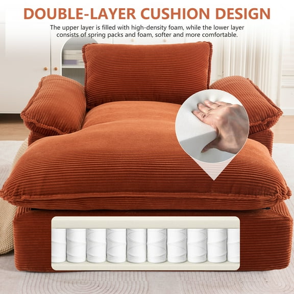 GNIXUU 67” Chaise Lounge Chair Indoor, Oversized Corduroy Boneless Sleeper Sofa Couch with Pillow Armrest,Comfy Recliner for Reading Living Room ,Bedroom,Apartment, No Assembly,Orange