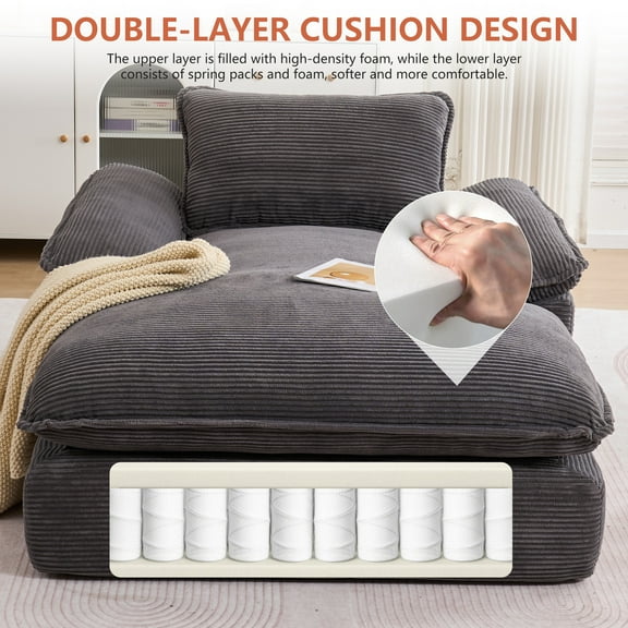 GNIXUU 67” Chaise Lounge Chair Indoor, Oversized Corduroy Boneless Sleeper Sofa Couch with Pillow Armrest,Comfy Recliner for Reading Living Room ,Bedroom,Apartment, No Assembly,Beige