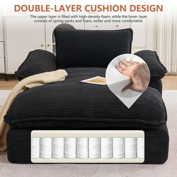 GNIXUU 67” Chaise Lounge Chair Indoor, Oversized Corduroy Boneless Sleeper Sofa Couch with Pillow Armrest,Comfy Recliner for Reading Living Room ,Bedroom,Apartment, No Assembly,Black