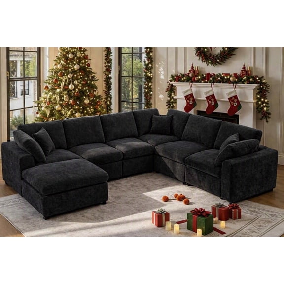 GNIXUU 7-Seater Oversized Modular Sectional Sofa Couch,Chenille Cloud Corner Sofa Modern U-Shaped Comfy Couches with Ottoman for Living Room, Office,Spacious Space,Black