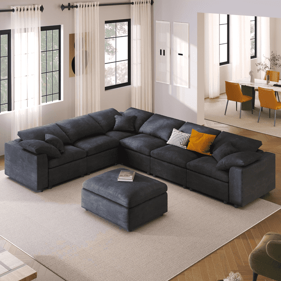 GNIXUU 7-Seater Oversized Modular Sectional Sofa Couch,Chenille Cloud Corner Sofa Modern U-Shaped Comfy Couches with Ottoman for Living Room, Office,Spacious Space,Black
