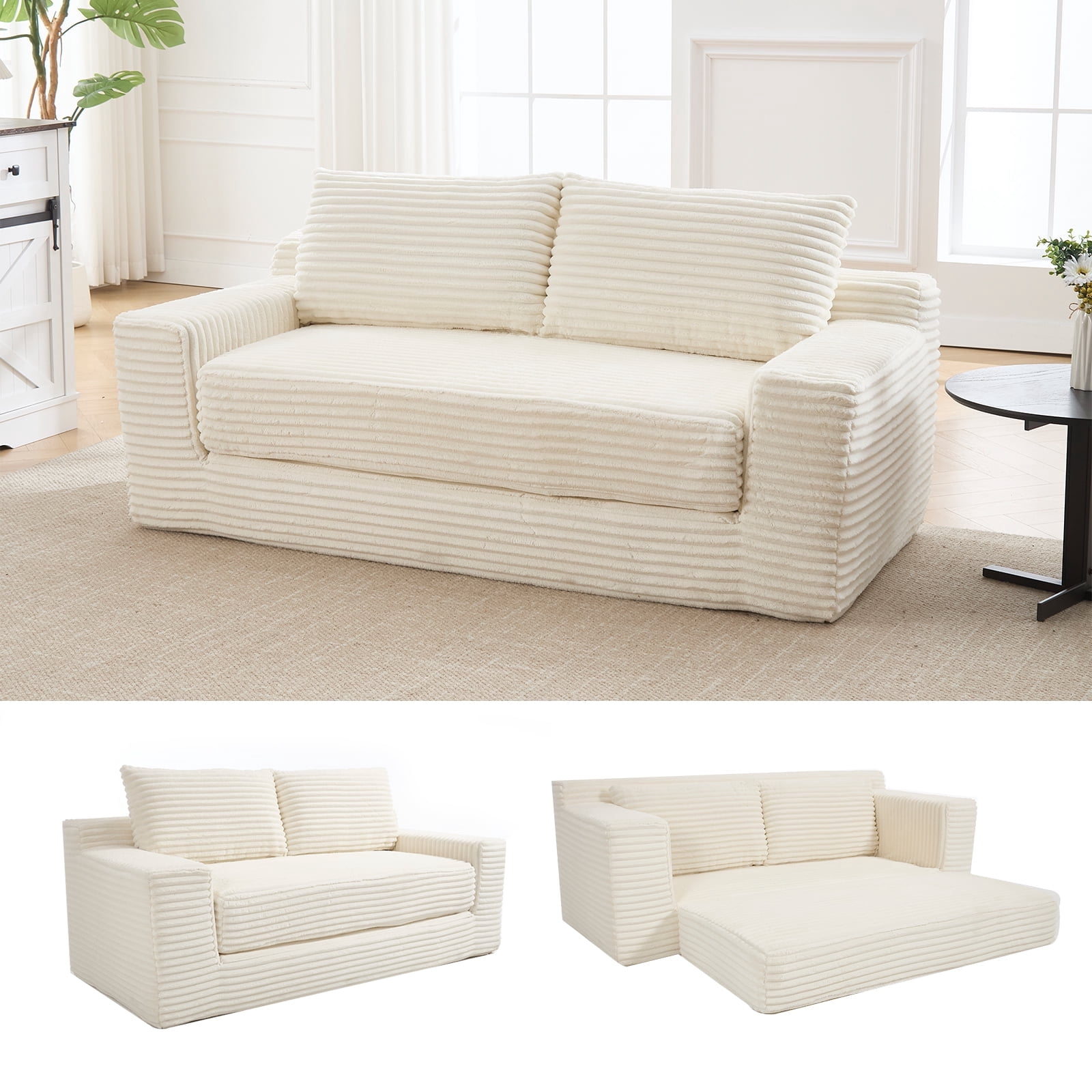 GNIXUU 70.8" Loveseat Sofa Bed Boneless Couch ,Corduroy Cloud 2 in 1 Convertible Sleeper Sofas with Fixed-Shape Frame, Comfy Deep Seat Folding Couches for Living Room, Apartment,Office,Beige