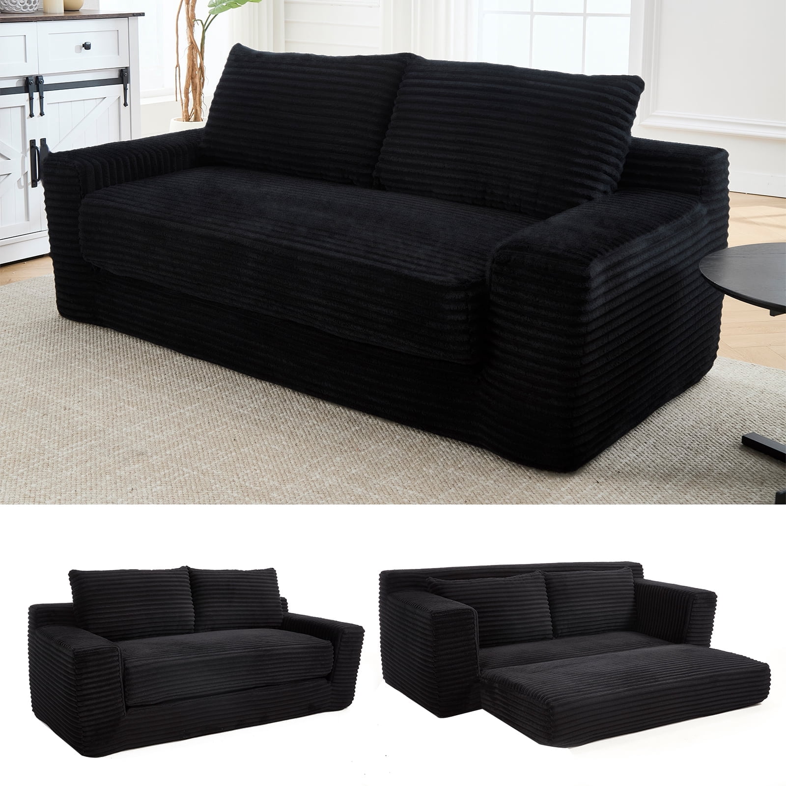 GNIXUU 70.8" Loveseat Sofa Bed Boneless Couch ,Corduroy Cloud 2 in 1 Convertible Sleeper Sofas with Fixed-Shape Frame, Comfy Deep Seat Folding Couches for Living Room, Apartment,Office,Black