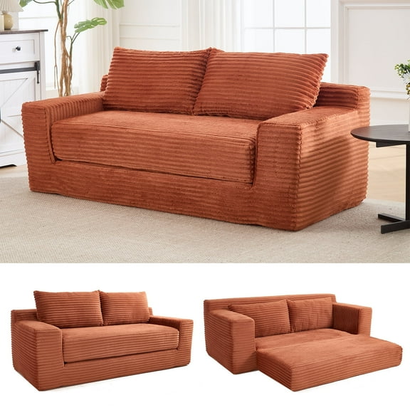 GNIXUU 70.8" Loveseat Sofa Bed Boneless Couch ,Corduroy Cloud 2 in 1 Convertible Sleeper Sofas with Fixed-Shape Frame, Comfy Deep Seat Folding Couches for Living Room, Apartment,Office,Orange