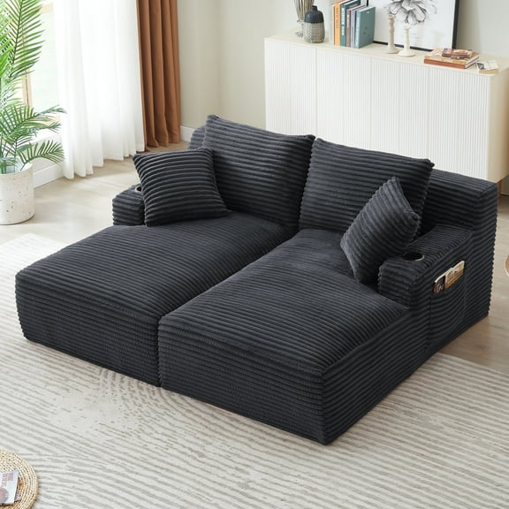 GNIXUU 70.9" Oversized Double Chaises Lounge, Indoor Boneless Sofa, Corduroy Loveseat with Cupholders & Storage Pockets, Comfy Sectional Cloud Couch Sleeper Sofas Bed for Living Room,Gray