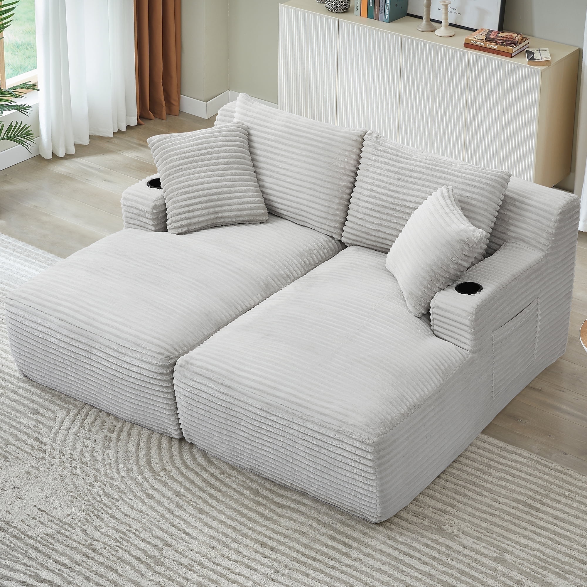 GNIXUU 70.9" Oversized Double Chaises Lounge, Indoor Boneless Sofa, Corduroy Loveseat with Cupholders & Storage Pockets, Comfy Sectional Cloud Couch Sleeper Sofas Bed for Living Room,Beige