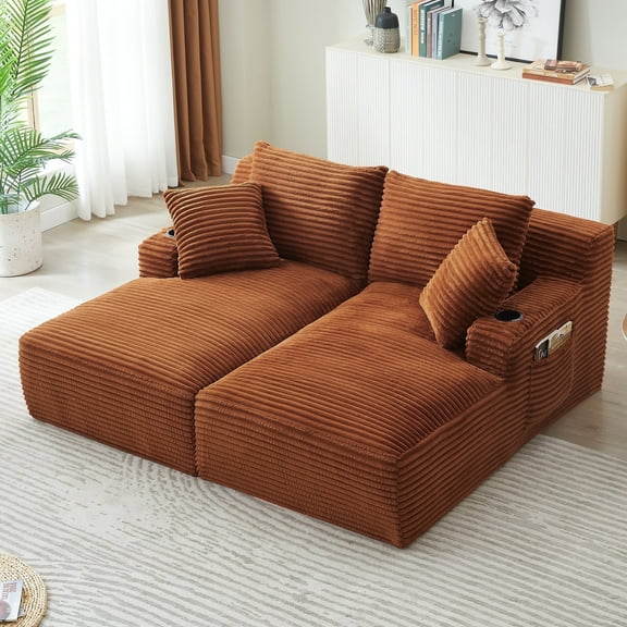 GNIXUU 70.9" Oversized Double Chaises Lounge, Indoor Boneless Sofa, Corduroy Loveseat with Cupholders & Storage Pockets, Comfy Sectional Cloud Couch Sleeper Sofas Bed for Living Room,Orange