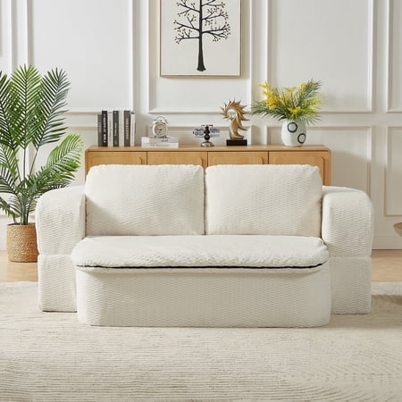 GNIXUU 74.8'' Convertible Sleeper Sofa Bed, Folding Queen Couch with Multi-Functional Blanket and Pillows,Comfy Foam Compression Sofas Couches for Living Room Bedroom Apartment,Beige