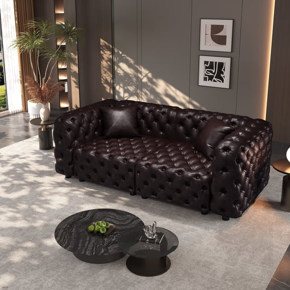 GNIXUU 77" Faux Leather Chesterfield Couch Sofa, Button Tufted Loveseat with Solid Wood Frame for Living Room Office, Brown