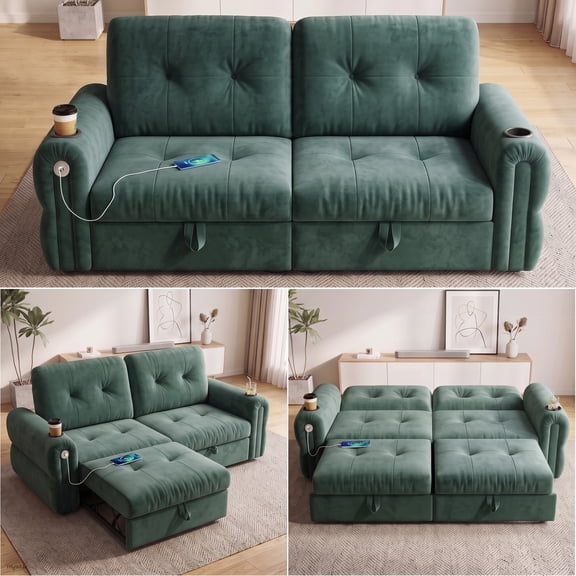 GNIXUU 77" Queen Sleeper Sofa, 3-in-1 Convertible Pull Out Sofa Bed with USB Charging & Cup Holders for the Living Room, Green