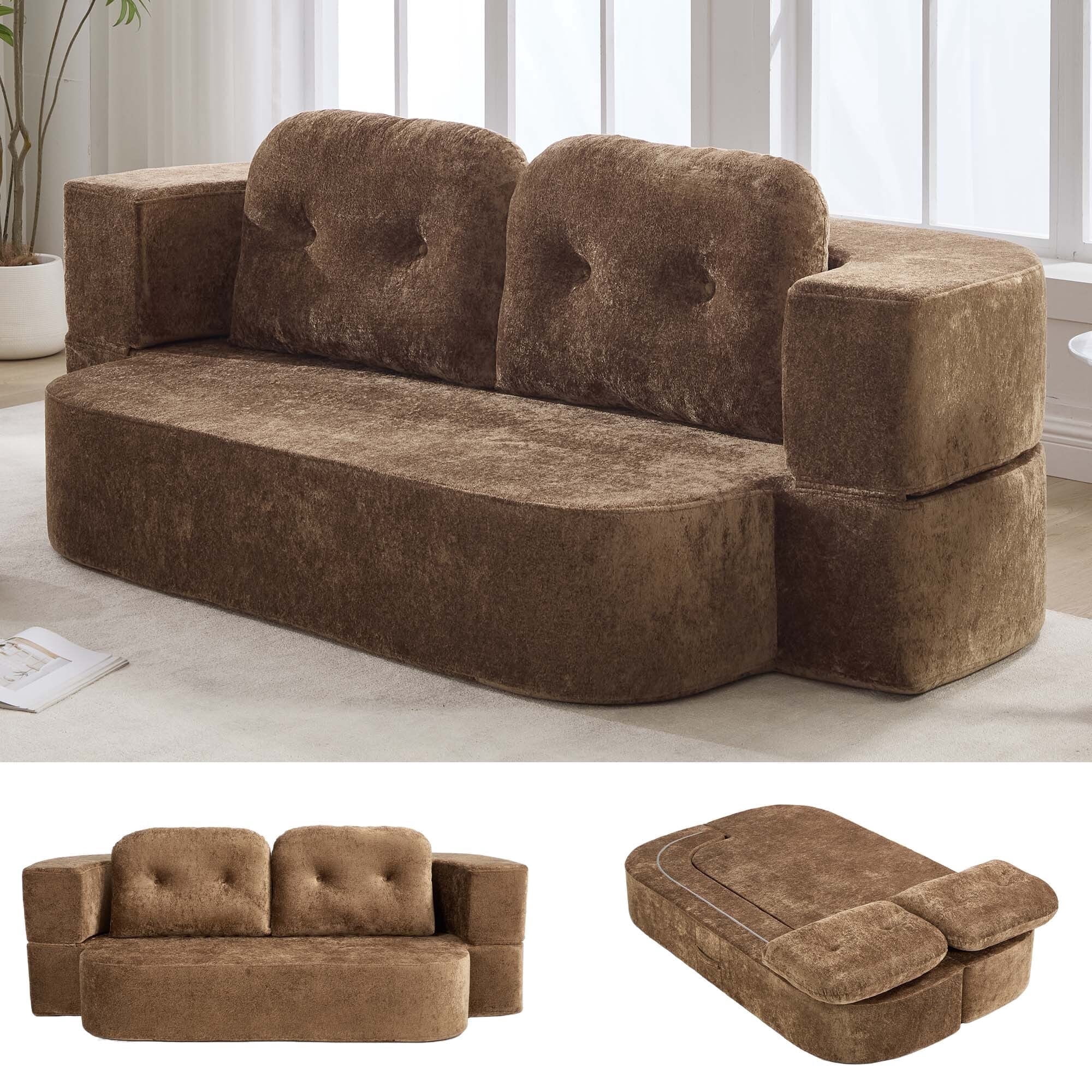 GNIXUU 78.7" W Boneless Cloud Loveseat Sofa, 2 in 1 Convertible Floor Folding Couch Bed Furniture, No Assembly Compressed Comfty Foam Lounge Sleeper for Apartment Office Bedroom Living Room