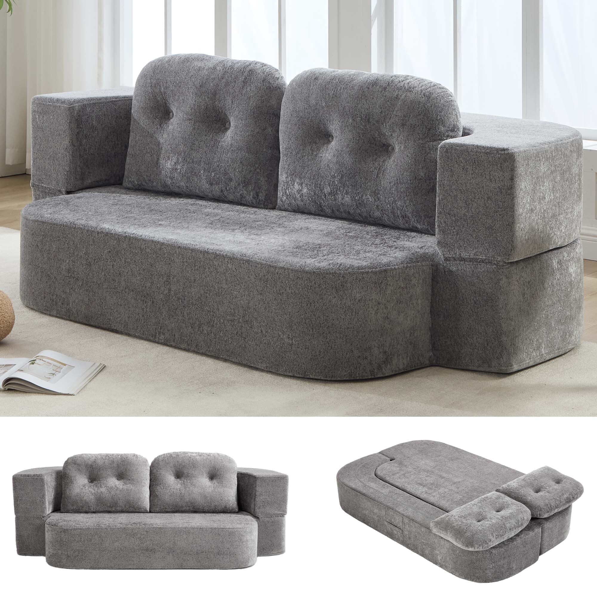 GNIXUU 78.7" W Boneless Cloud Loveseat Sofa, 2 in 1 Convertible Floor Folding Couch Bed Furniture, No Assembly Compressed Comfty Foam Lounge Sleeper for Apartment Office Bedroom Living Room