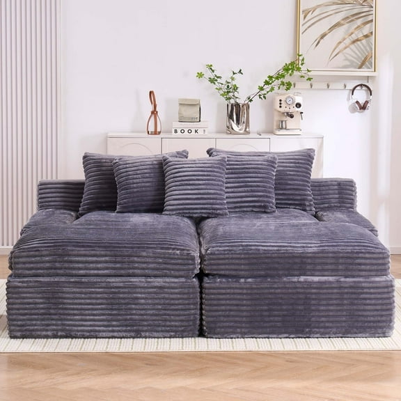GNIXUU 79.5" Oversized Boneless Double Chaise Lounge Sofa, Indoor Modern Corduroy Upholstered Sectional Cloud Couch Loveseat Sleeper Bed, Comfy Floor Chair for Living Room Apartment Office,Gary