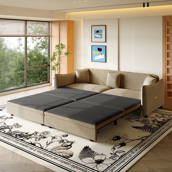 GNIXUU 81.9" Pull Out Sofa Bed, 3 in 1 Convertible Sleeper Sofa, King Size Velvet Sofa with 3 Pillows for Living Room, Bedroom, Apartments, Small Spaces, Camel