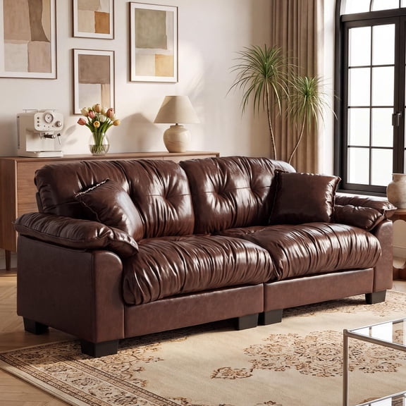 GNIXUU 90.6" Brown Faux Leather Modular Loveseat, Mid‑Century Modern Sofa, Solid Wood Frame for Living Room