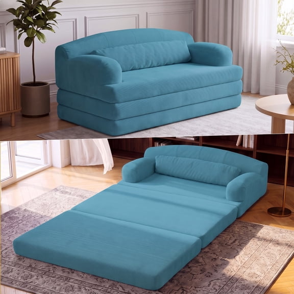 GNIXUU 94" Boneless Convertible Sofa Bed, Corduroy Tri-Fold Futon Couch Bed with Supportive Pillow for Living Room Apartment, Teal