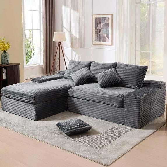 GNIXUU 98.8” Modular Sectional Sofa, Cloud Boneless Couch with Deep Seat Chaise, Comfy Corduroy L-Shape Convertible Modern Sponge Compression Sofas for Living Room,Bedroom,Office,Gray