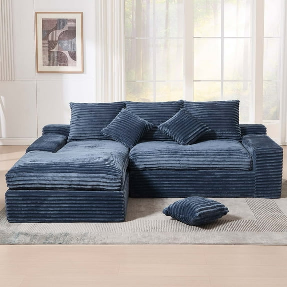 GNIXUU 98.8” Modular Sectional Sofa, Cloud Boneless Couch with Deep Seat Chaise, Comfy Corduroy L-Shape Convertible Modern Sponge Compression Sofas for Living Room,Bedroom,Office,Blue