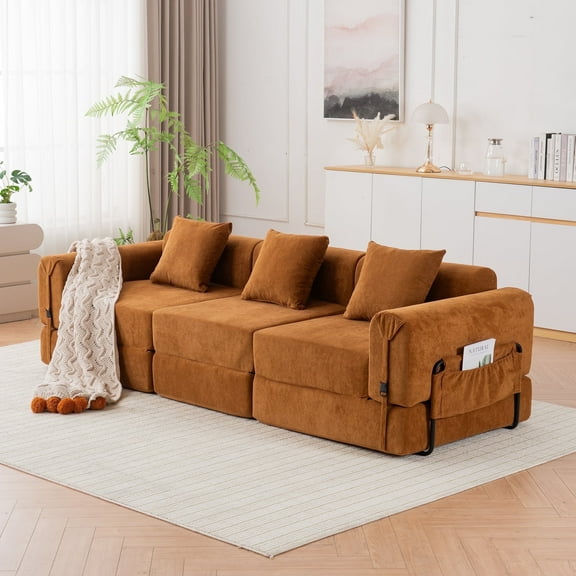 GNIXUU 98.81" Modern Modular Recliner Sofa, Convertible Sleeper Bed,Folding Mattress 3 Seater Couch with Fixed-Shape Frame ,Comfy Lazy Boneless Couches for Living Room Bedroom Lounge,Orange