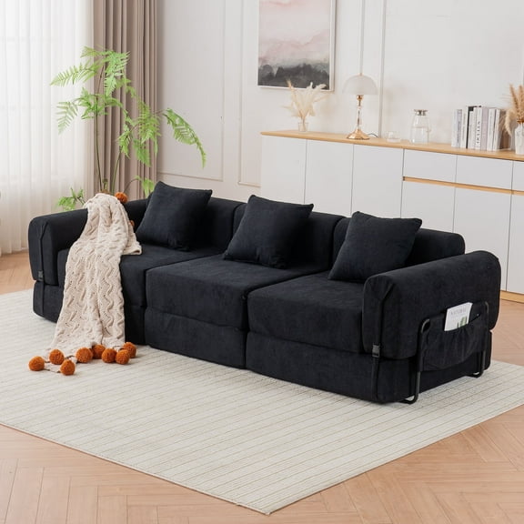 GNIXUU 98.81" Modern Modular Recliner Sofa, Convertible Sleeper Bed,Folding Mattress 3 Seater Couch with Fixed-Shape Frame ,Comfy Lazy Boneless Couches for Living Room Bedroom Lounge,Black