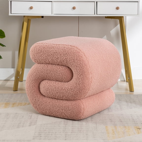 GNIXUU Comfortable Teddy Vanity Stool, Modern S-Shaped Pouf Ottoman Footrest Chair Foot Stools Under Desk, Decorative Floor Seat for Makeup Room, Bedroom, Living Room (Teddy, Pink)