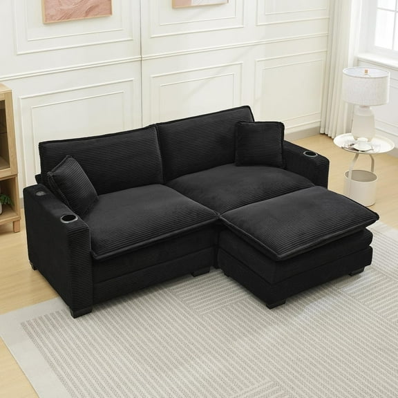 GNIXUU Corduroy Cloud Sectional Couch, Modular Oversized Loveseat Sofa with Ottoman, Cup Holders & USB Port, Comfy 2 Seater Love Seat for Living Room Small Space, 82.7"W, Black