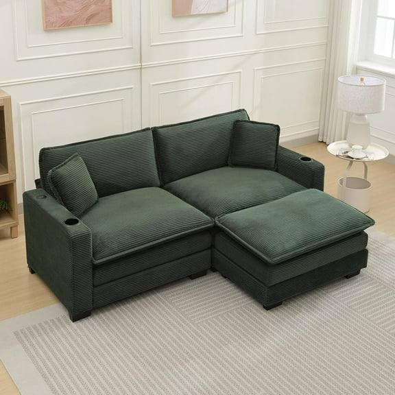 GNIXUU Corduroy Cloud Sectional Couch, Modular Oversized Loveseat Sofa with Ottoman, Cup Holders & USB Port, Comfy 2 Seater Love Seat for Living Room Small Space, 82.7"W, Green