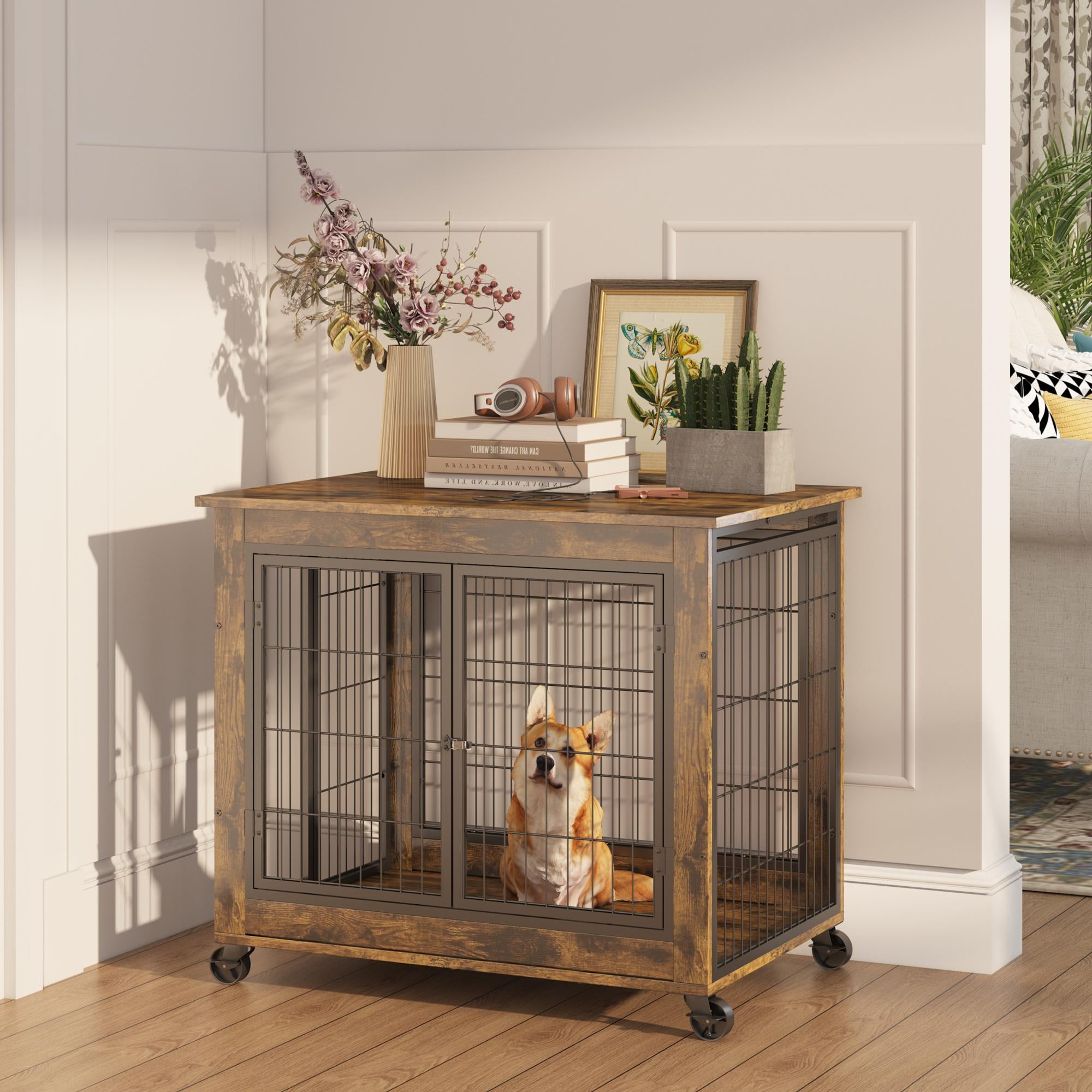 Rustic Brown Rolling Wooden Dog Crate Side Table with Wheels