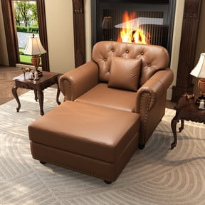 GNIXUU Faux Leather Accent Chair with Ottoman, Mid-Century Modern Tufted Single Sofa with Rolled Arms & Nailhead Trim, Brown