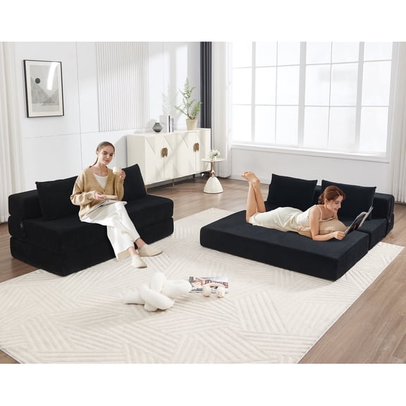 GNIXUU Folding Sofa Bed, 3-in-1 Convertible Sleeper Sofa, Corduroy Foldable Boneless Floor Futon Couch with Backrest & Pillows,Lazy Sofa for Home Living Room Office Apartment,Black