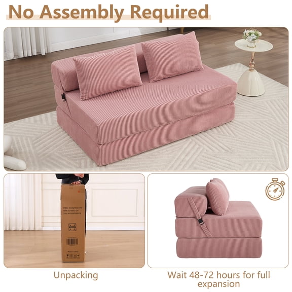 GNIXUU Folding Sofa Bed, 3-in-1 Convertible Sleeper Sofa, Corduroy Foldable Boneless Floor Futon Couch with Backrest & Pillows,Lazy Sofa for Home Living Room Office Apartment,Black