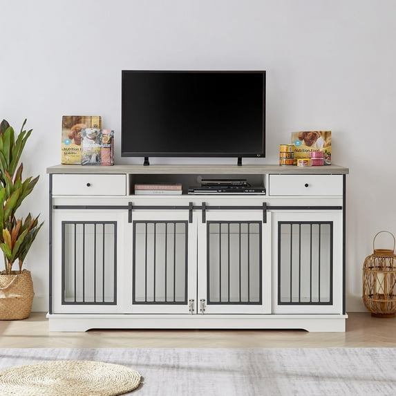 GNIXUU Large Dog Crate Furniture,66.1" Wood Dog Kennel with Divider & Drawer & Double Doors,Heavy Duty Dog Crate Furniture Indoor Cage for Large or 2 Medium Dogs,White