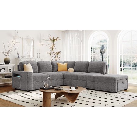 GNIXUU Modern Soft Fabric Reclining L Shaped Sectional Sofa Set Gray