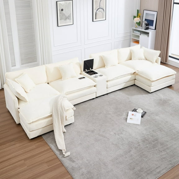 GNIXUU Modern U Shaped Cloud Couch Sectionals, Comfy Couches Fluffy Oversized Modular Sofa ,Chenille Large Big 6 Seat Set,Storage USB Port Central Console for Living Room,Apartment,Beige