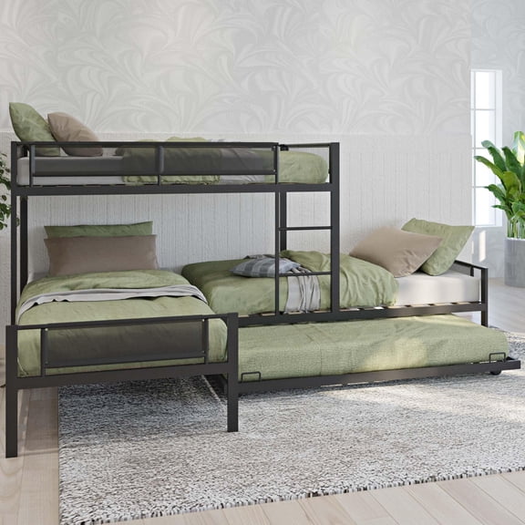 GNIXUU Oversized L-Shaped Triple Bunk Bed with Trundle, Metal Quad Bunk Beds Twin Over Twin for 4 People, Modern 3 Bunkbeds with Ladders & Guardrails for Teens & Adults, Black