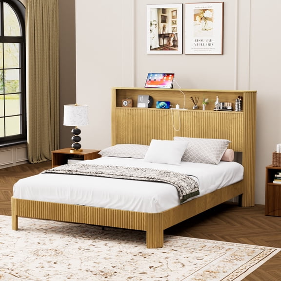 GNIXUU Queen Bed Frame, MDF Platform Bed with Storage, Natural Finish, No Box Spring Needed