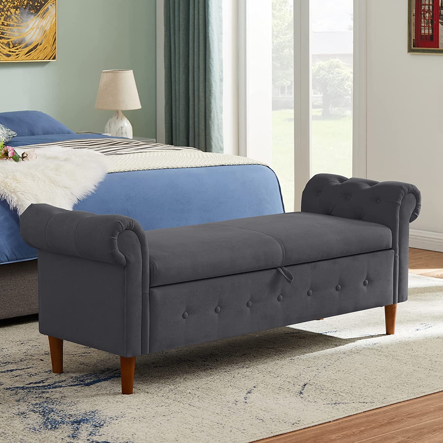 GNIXUU Storage Benches End of Bed Chaise Lounge Rolled Armed Fabric