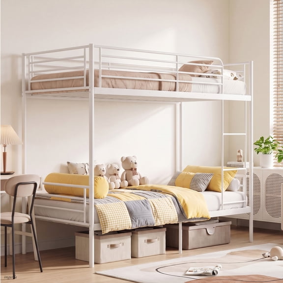 GNIXUU Twin Over Twin Bunk Bed, Heavy Duty Metal Frame Splits into 2 Beds, 400LBS Capacity, Space Saving with Guardrails & Ladder, for Kids Teens Adults, White