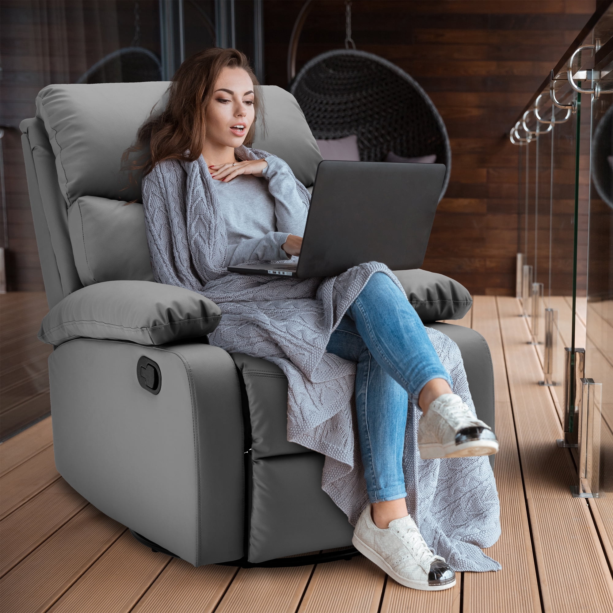 GNMLP Genuine Leather Recliner Chair Manual Swivel Rocker Recliner Chair with Soft Arms and Back Small Reclining Chairs Single Sofa Seat for Living
