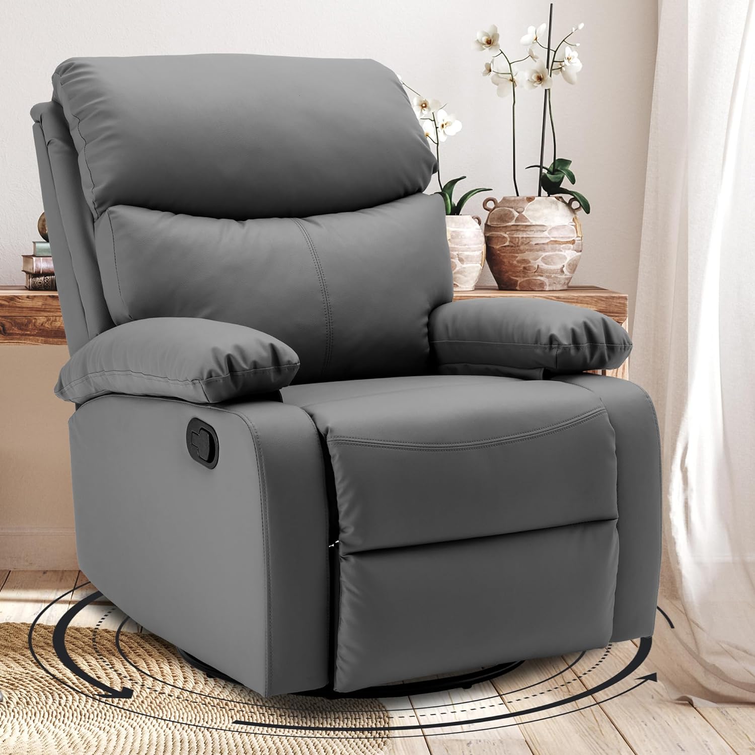 GNMLP Genuine Leather Recliner Chair, Manual Swivel Rocker Recliner
