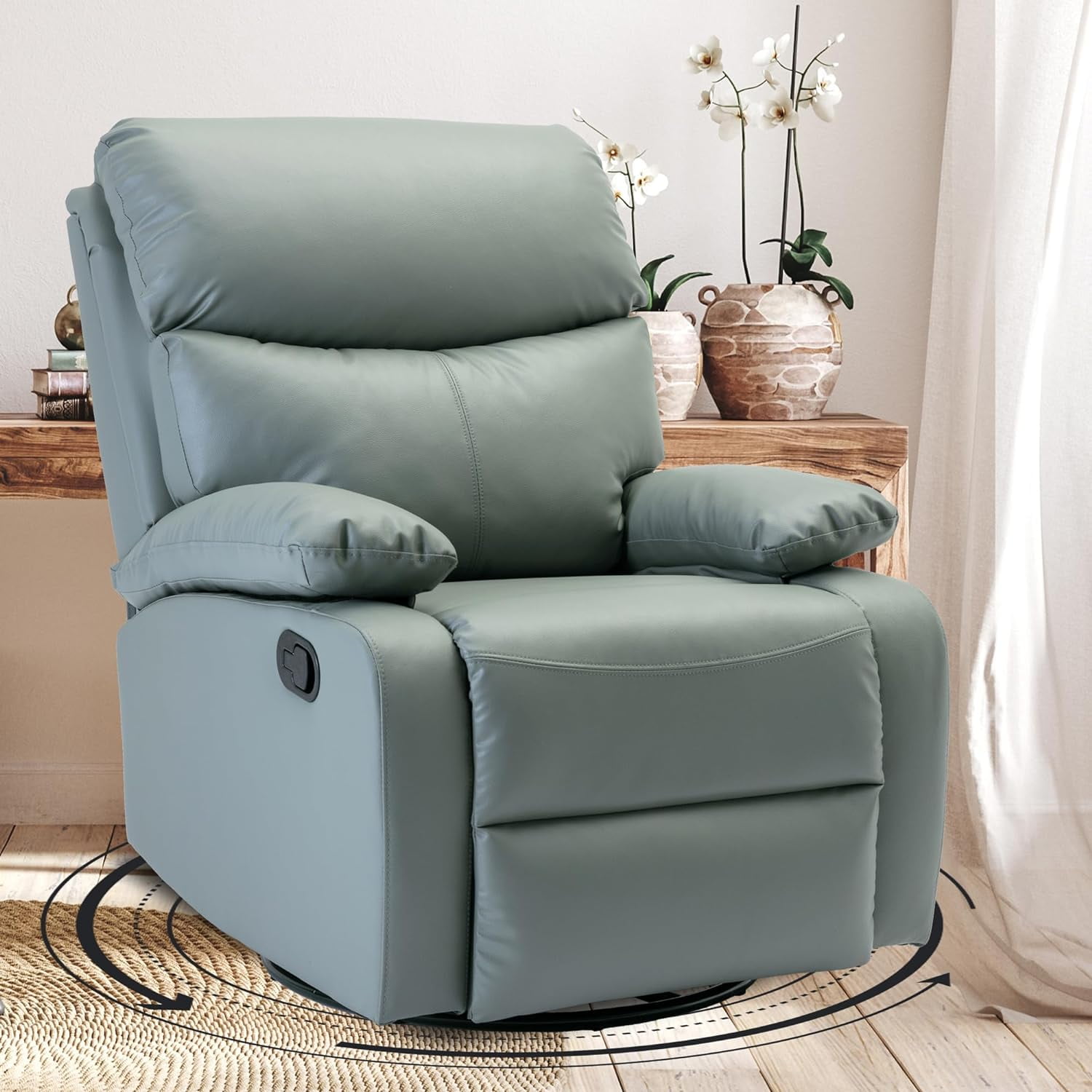 GNMLP Genuine Leather Recliner Chair, Manual Swivel Rocker Recliner