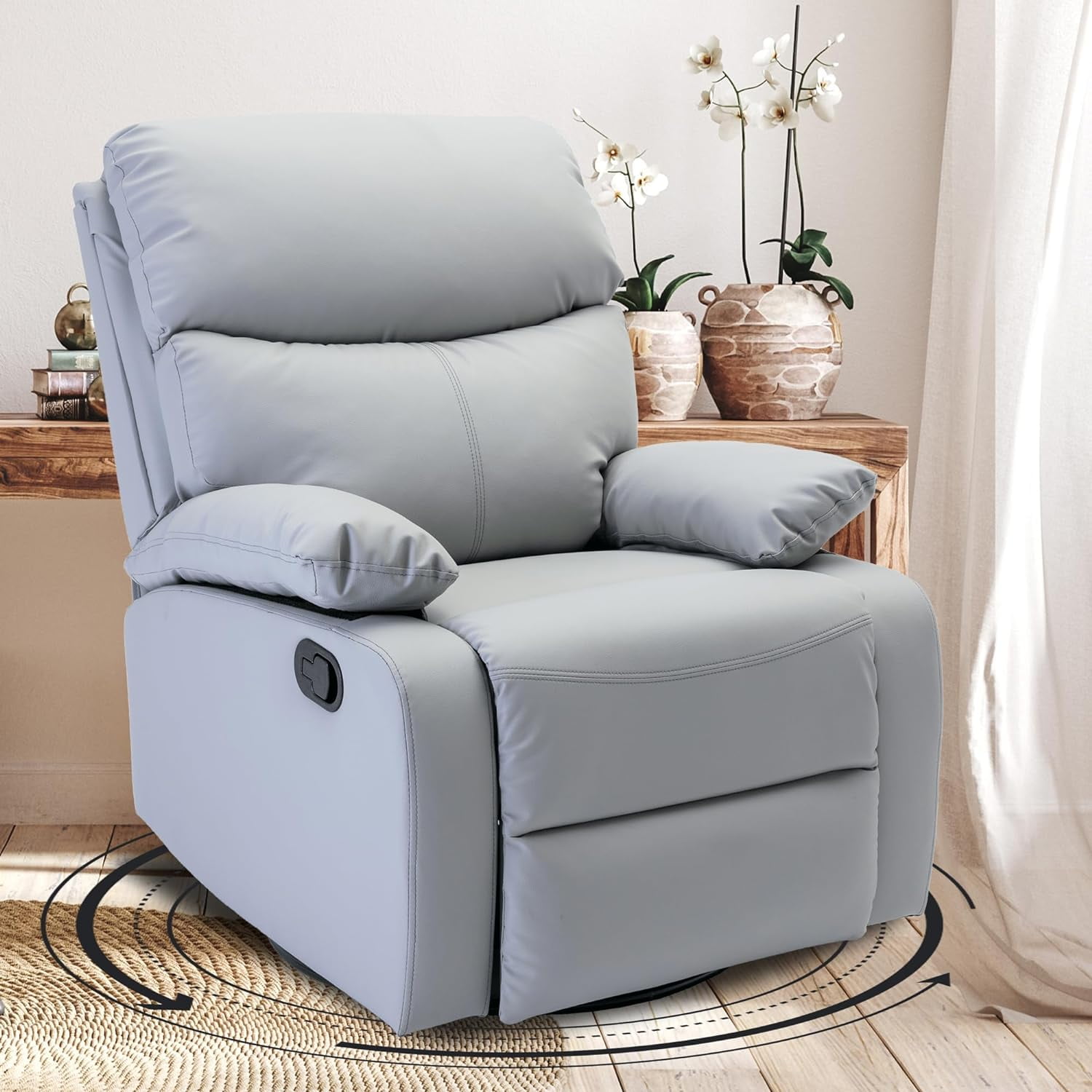 GNMLP Genuine Leather Recliner Chair, Manual Swivel Rocker Recliner